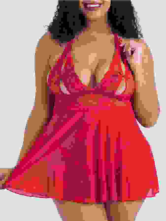 Lovehoney Plus Size Peek-a-Boo Red Lace Babydoll Set, Red, hi-res